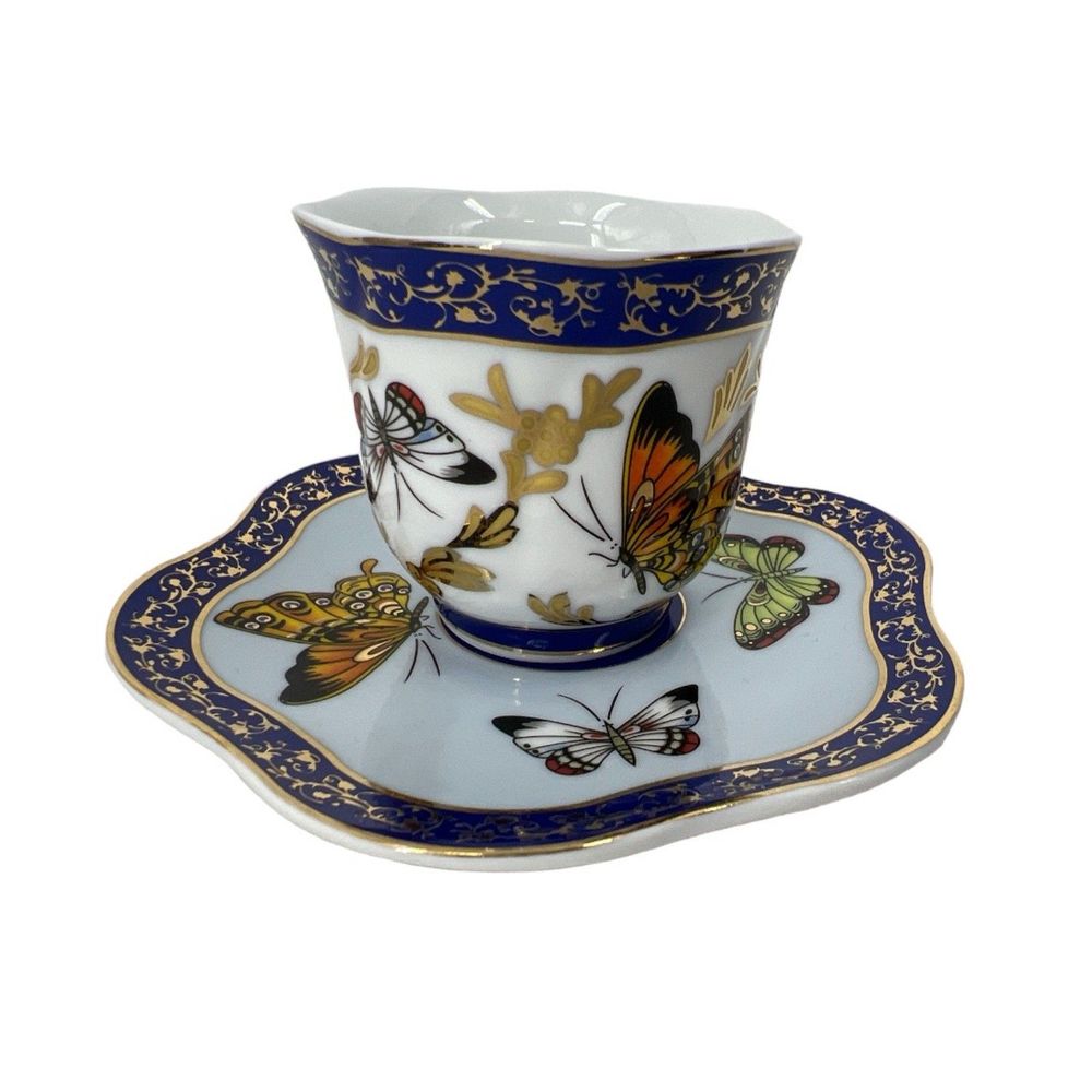 Baum Brothers Formalities tea cup demitasse and saucer Butterfly print cobalt